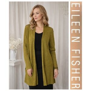 Eileen Fisher Chartreuse 100% Wool Open Front Cardigan Minimalist Quiet Luxury M